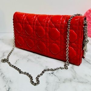 EUC DIOR Red Quilted Cannage Patent Leather Lady Dior Chain Clutch